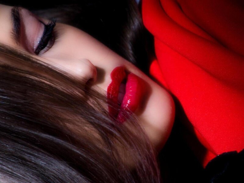 Woman with Red Lipstick — Dramatic, Photograph, Red Fabric, Long Hair