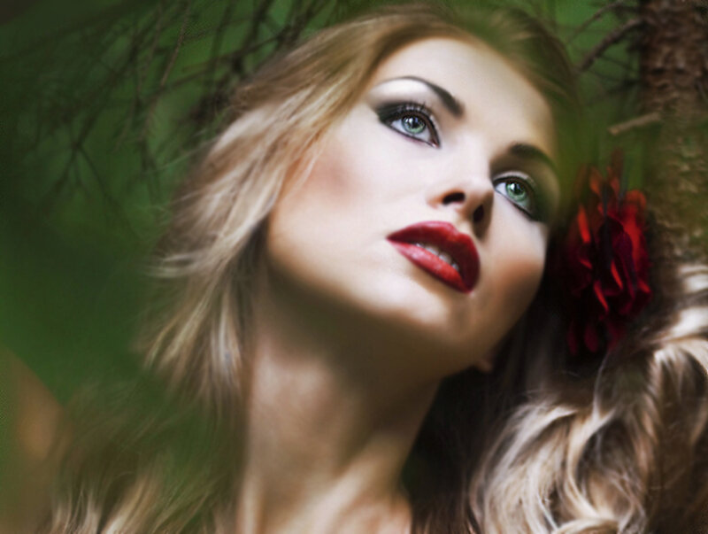 Woman with Red Lipstick — Dramatic, Photograph, Red Flower