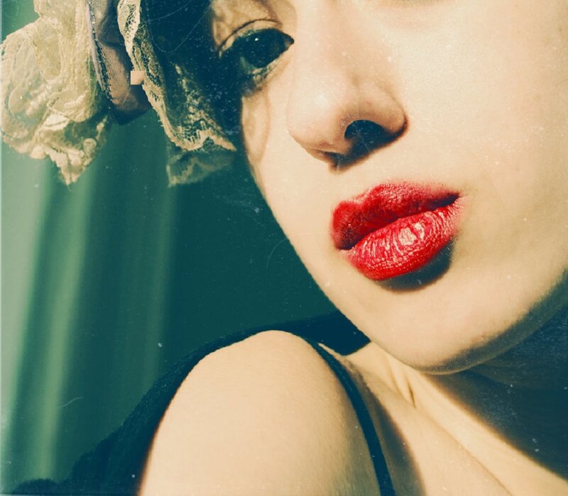 Woman with Red Lipstick — Dramatic, Photograph, Red Lips, Lace Headpiece