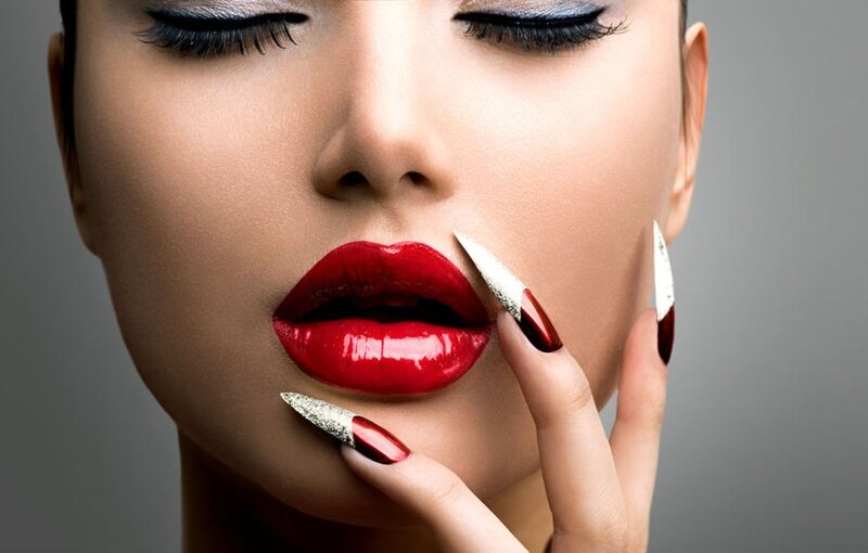Woman with Red Lipstick — Dramatic, Photograph, Red Lips, Long Nails