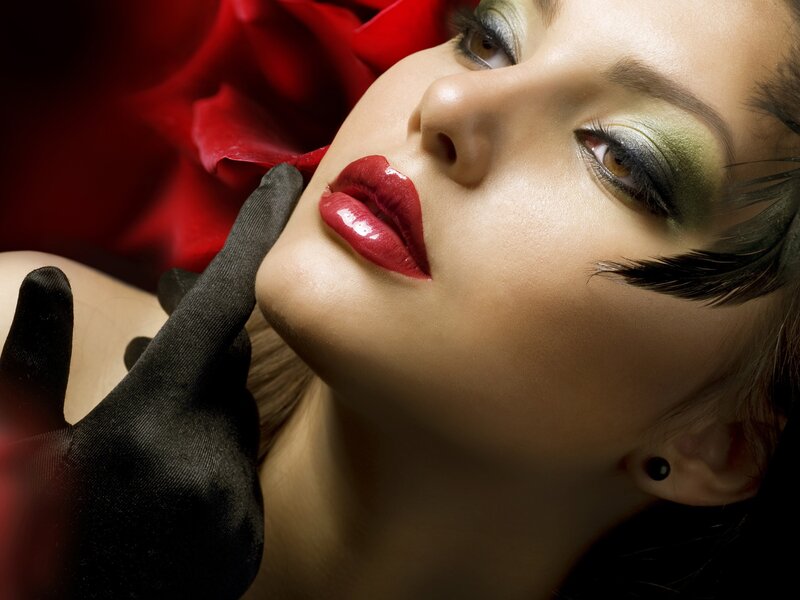 Woman with Red Lipstick — Dramatic, Photograph, Red Rose, Black Glove