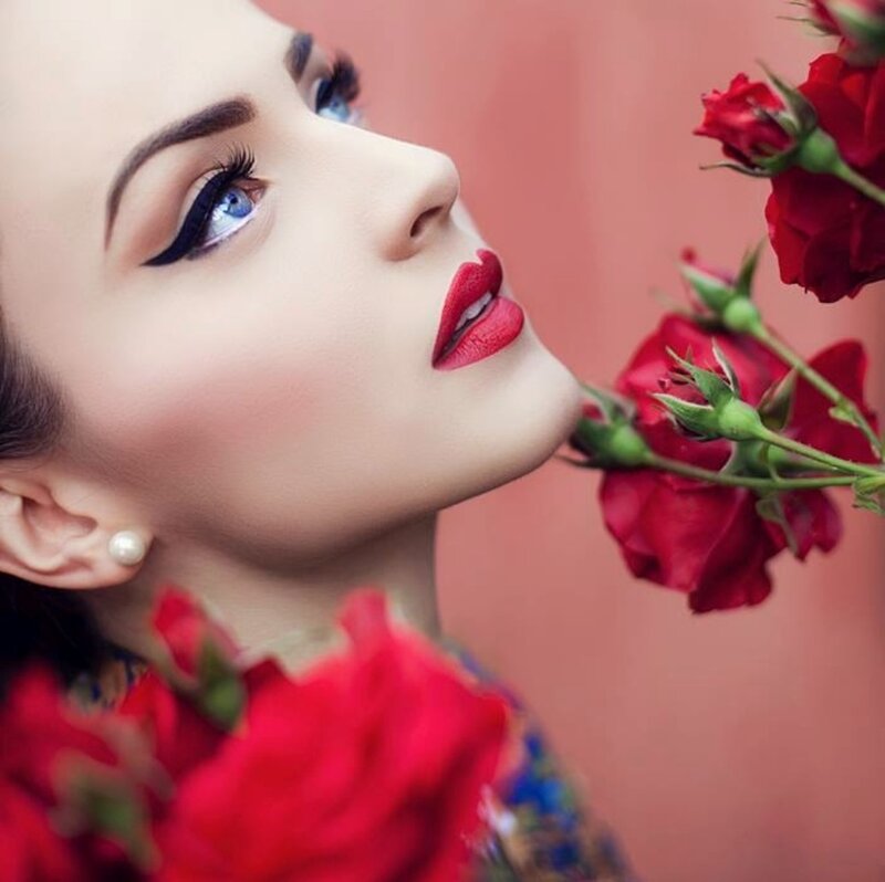 Woman with Red Lipstick — Dramatic, Photograph, Red Roses