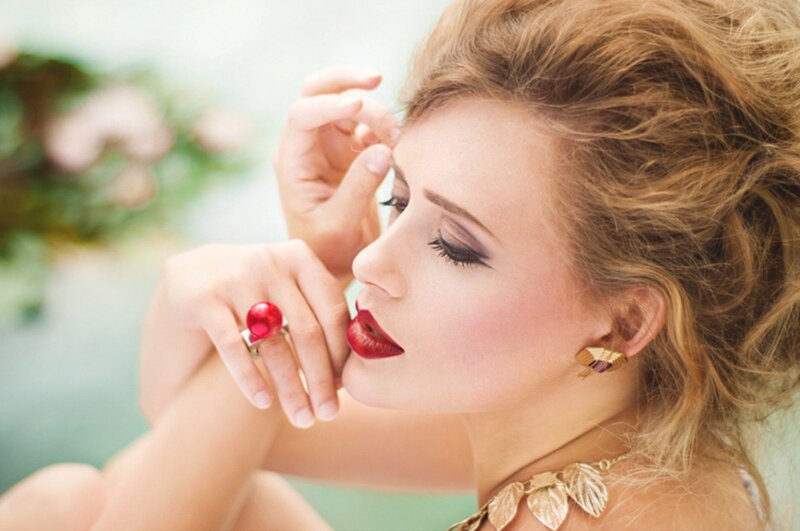 Woman with Red Lipstick — Dramatic, Photograph, Ring, Earrings