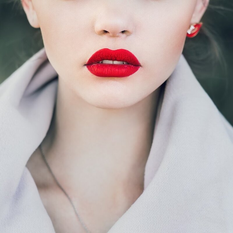 Woman with Red Lipstick — Dramatic, Photograph, Scarf