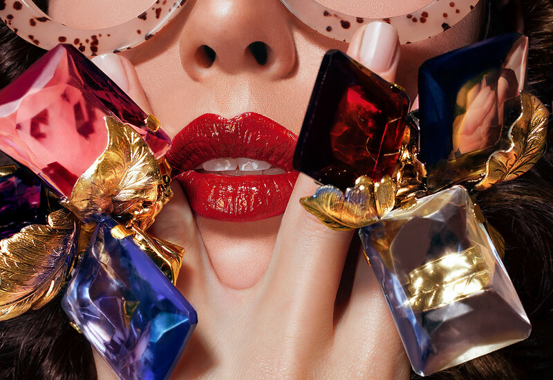 Woman with Red Lipstick — Dramatic, Photograph, Sunglasses, Jewelry