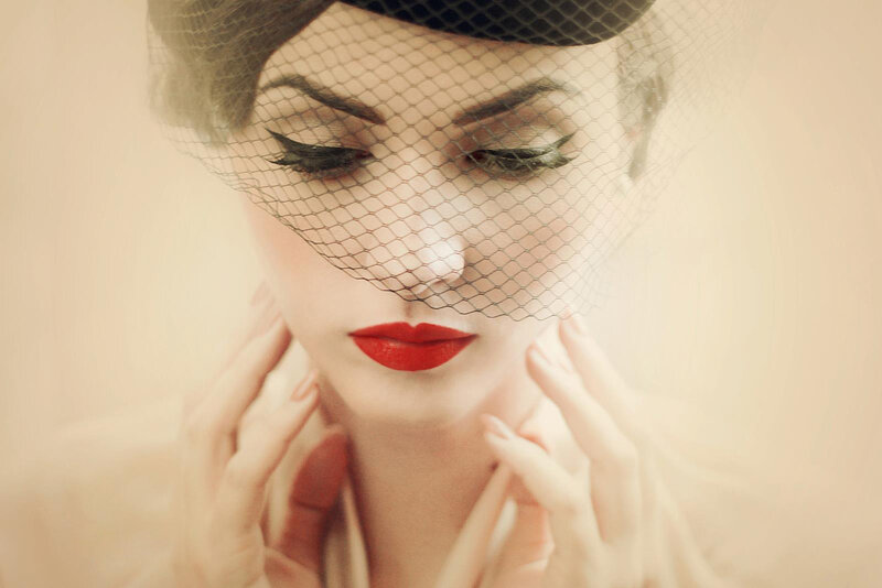 Woman with Red Lipstick — Dramatic, Photograph, Veil, Red Lips