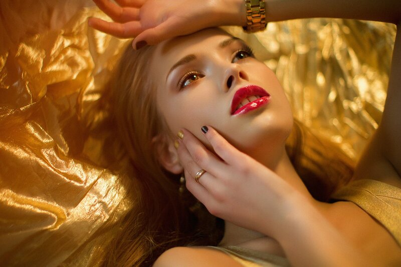 Woman with Red Lipstick — Gold, Dramatic, Photograph, Gold Fabric