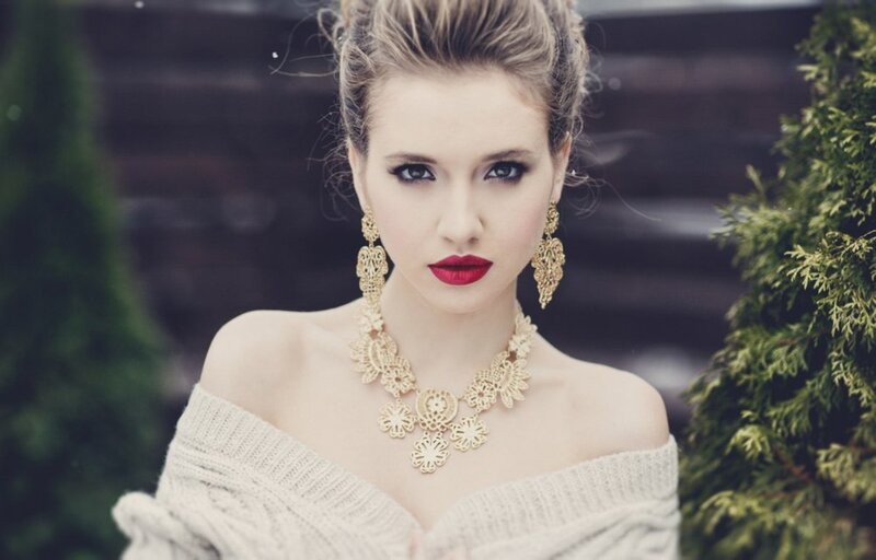 Woman with Red Lipstick — Gold, Dramatic, Photograph, Necklace