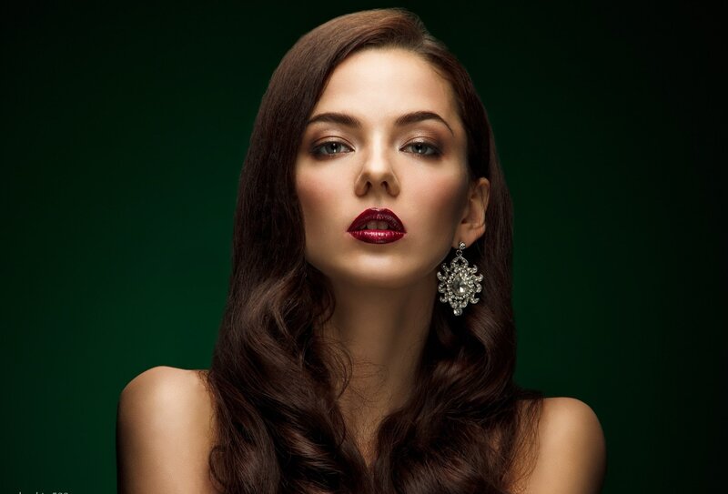 Woman with Red Lipstick — Green, Dramatic, Photograph