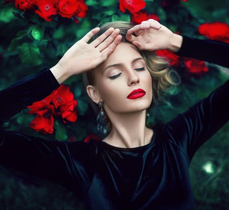 Woman with Red Lipstick — Serene, Photograph, Red Roses