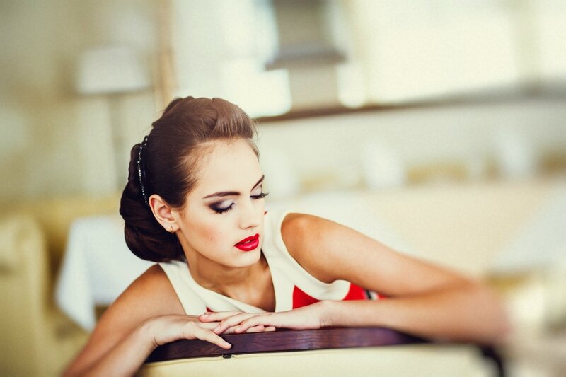 Woman with Red Lipstick — White, Dramatic, Photograph, Red Dress