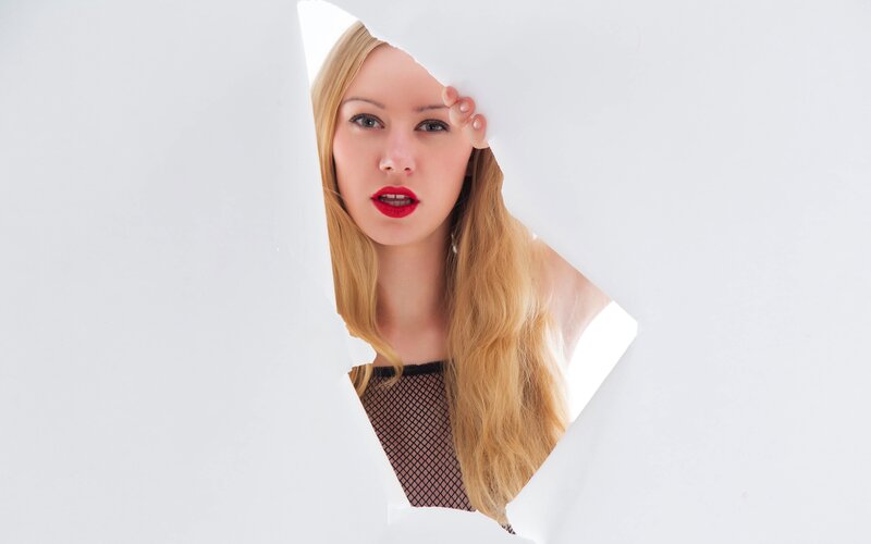 Woman with Red Lipstick — White, Dramatic, Photograph, Red Lipstick, Fishnet Top