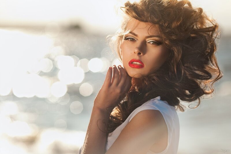 Woman with Red Lipstick — White, Dramatic, Sunset