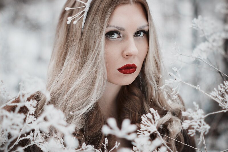 Woman with Red Lipstick — White, Dramatic, Winter