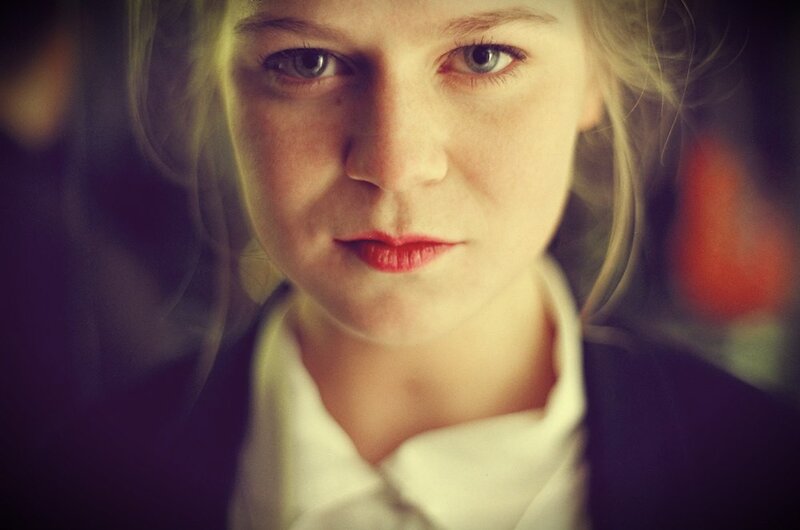 Woman with Red Lipstick — White, Serious, Photograph, White Shirt