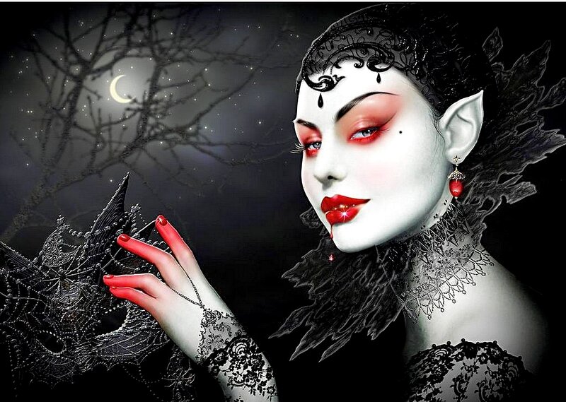 Woman with Red Makeup — Black, Dramatic, Night