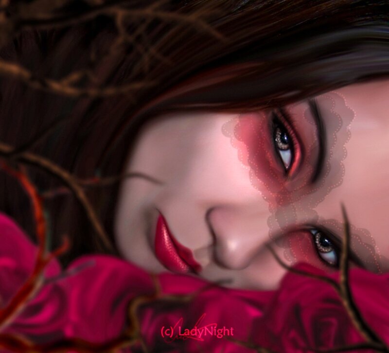 Woman with Red Makeup — Dramatic, Digital Art, Roses