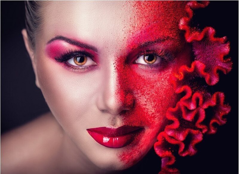 Woman with Red Makeup — Dramatic, Photograph, Flower