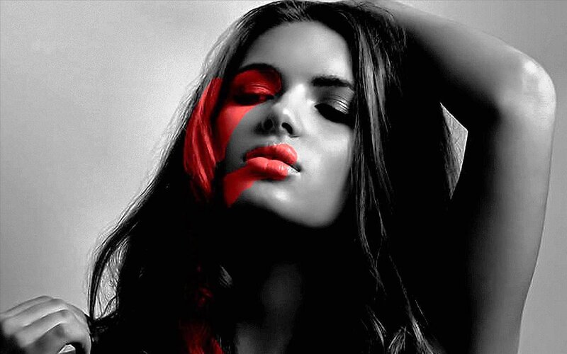 Woman with Red Makeup — Dramatic, Photograph, Hair