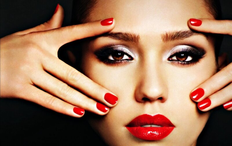 Woman with Red Makeup — Dramatic, Photograph, Hands