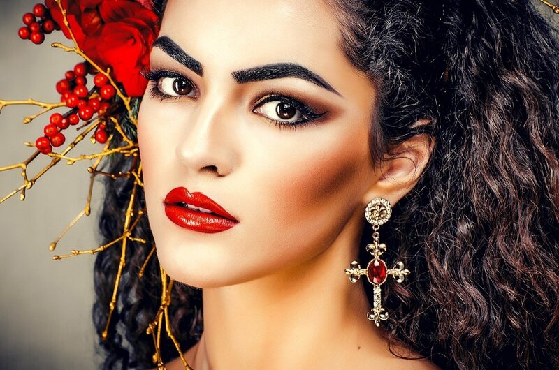 Woman with Red Makeup — Dramatic, Photograph, Red Flowers, Berries