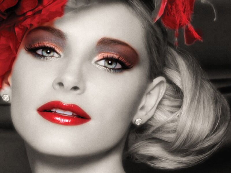 Woman with Red Makeup — Dramatic, Photograph, Red Flowers