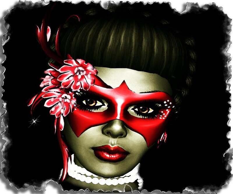 woman with red mask and flower