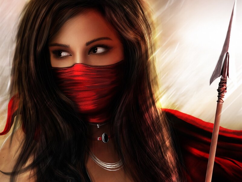 woman with red mask and spear