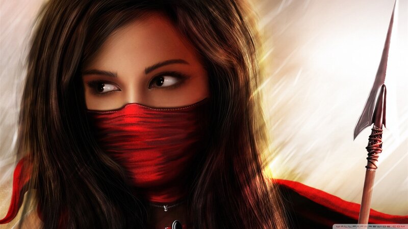 woman with red mask and spear