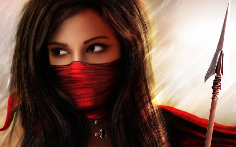 woman with red mask and spear