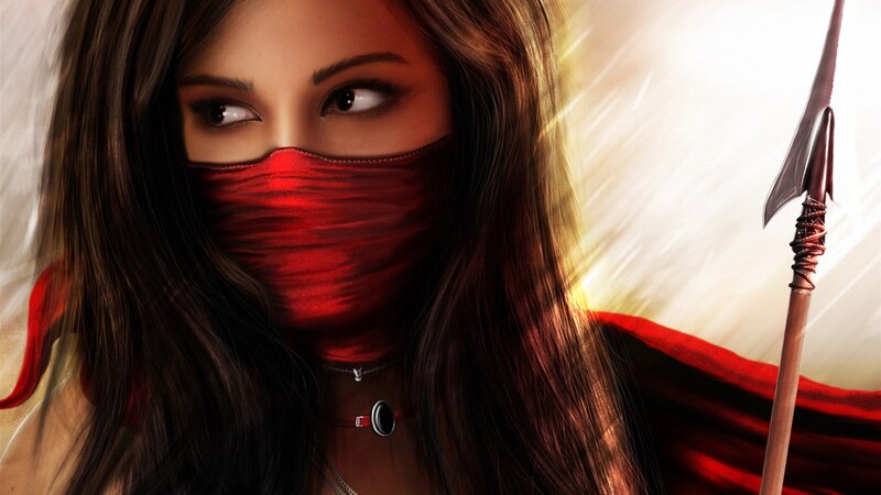 woman with red mask and spear