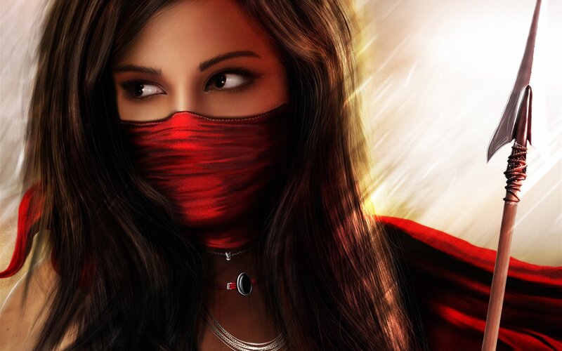woman with red mask and spear