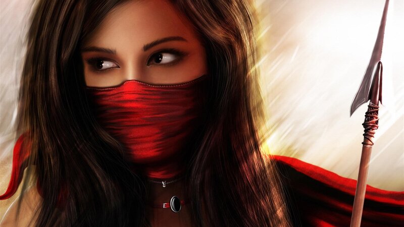 woman with red mask and spear