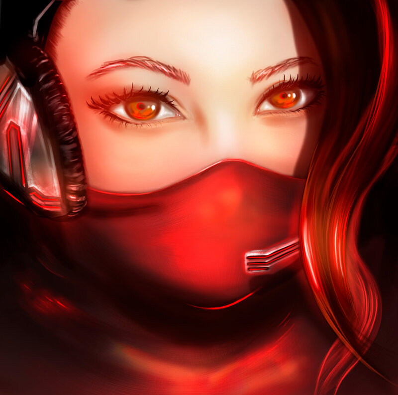 Woman with Red Mask — Dramatic, Digital Art, Headset
