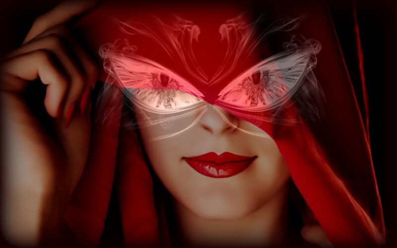 Woman with Red Mask — Dramatic, Digital Art, Red Fabric