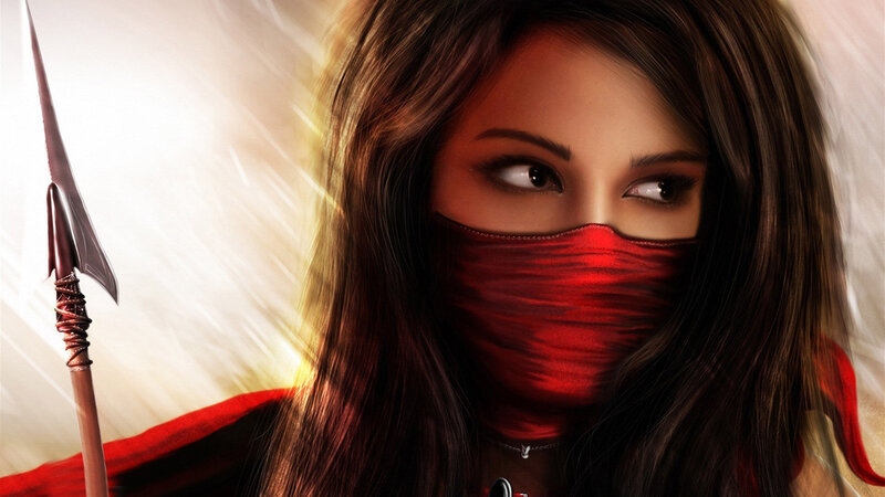 Woman with Red Mask — Dramatic, Digital Art, Spear, Cape
