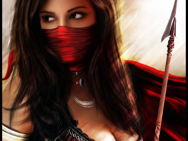 Woman with Red Mask — Dramatic, Digital Art, Spear, Necklace