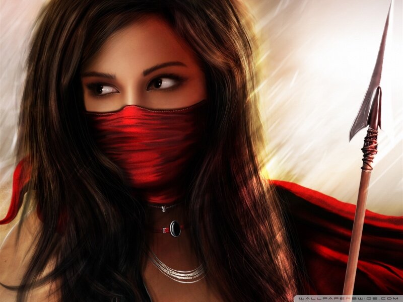 Woman with Red Mask — Dramatic, Digital Art, Spear, Red Cloak