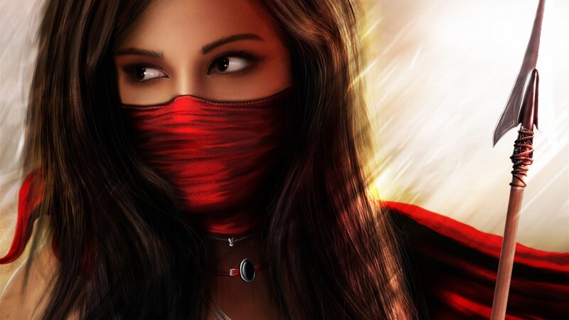 Woman with Red Mask — Dramatic, Digital Art, Spear, Red Cloth