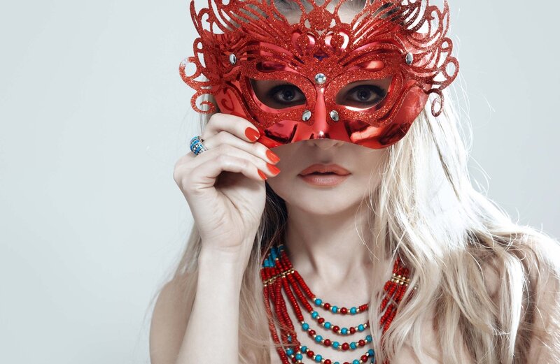 Woman with Red Mask — Dramatic, Photograph, Necklace