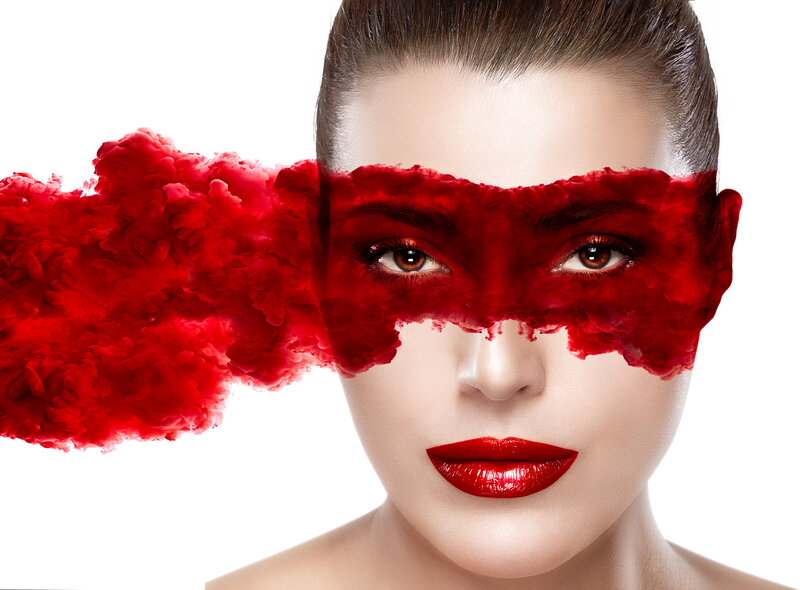 Woman with Red Mask — Dramatic, Photograph, Red Smoke