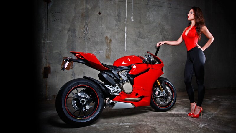 woman with red motorcycle