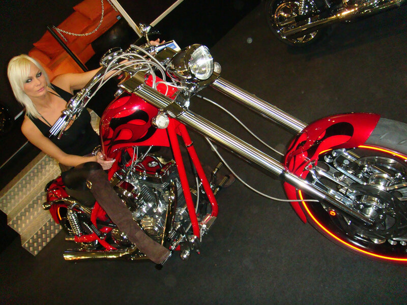 Woman with Red Motorcycle — Dramatic, Night, Photograph