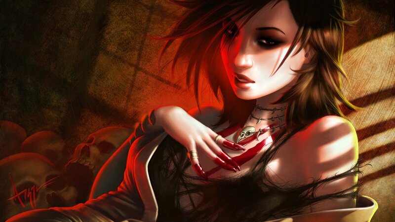 woman with red nails and skulls