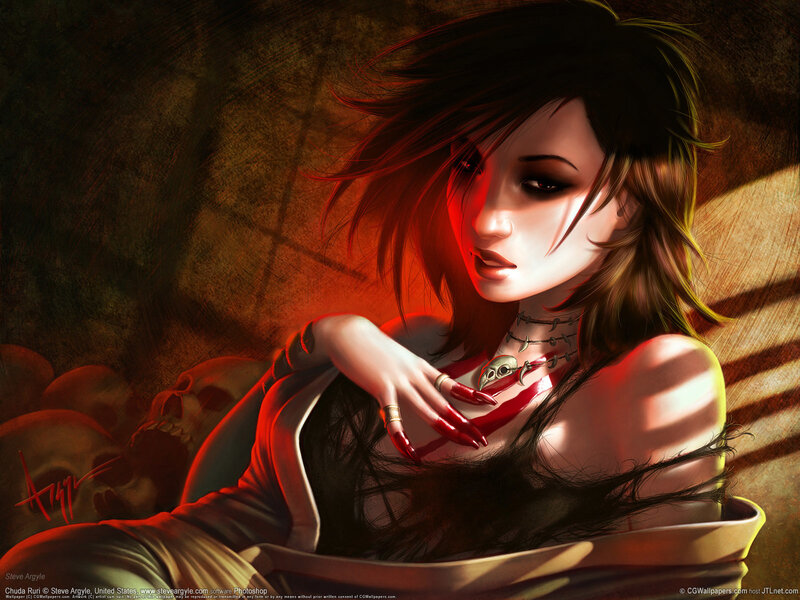 woman with red nails and skulls