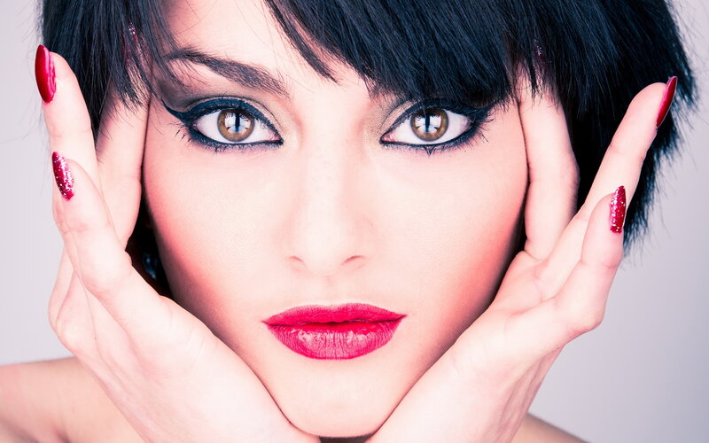 Woman with Red Nails — Dramatic, Photograph, Hands, Eyes