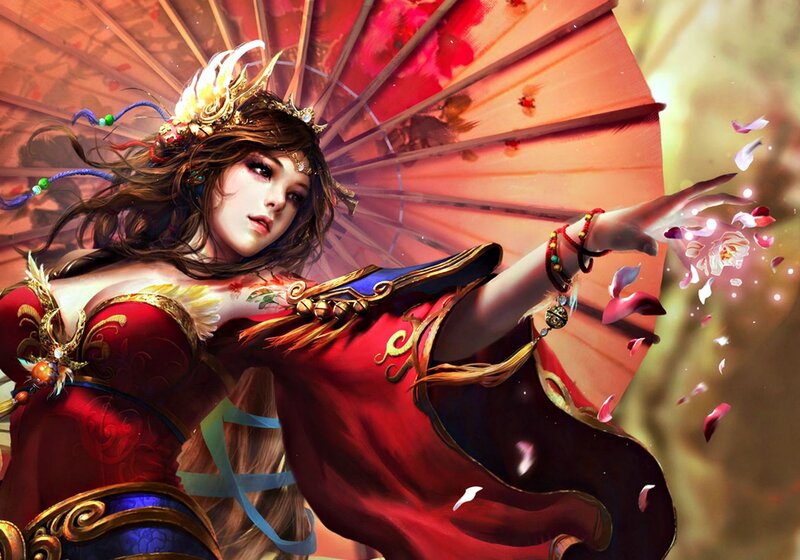 Woman with Red Parasol — Dramatic, Digital Art, Flower Petals