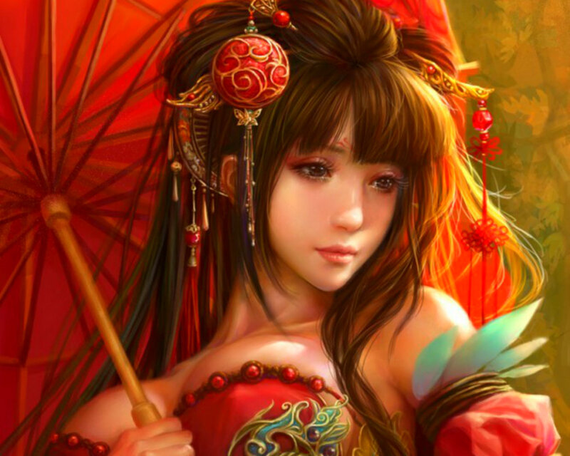 Woman with Red Parasol — Dramatic, Digital Art