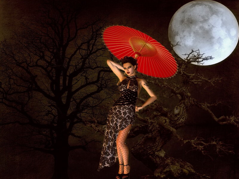 Woman with Red Parasol — Dramatic, Night