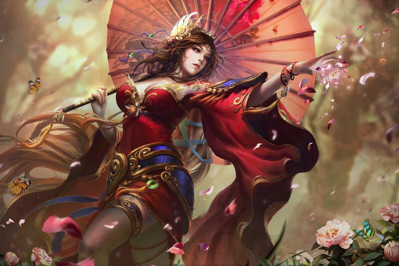 Woman with Red Parasol — Dramatic, Spring